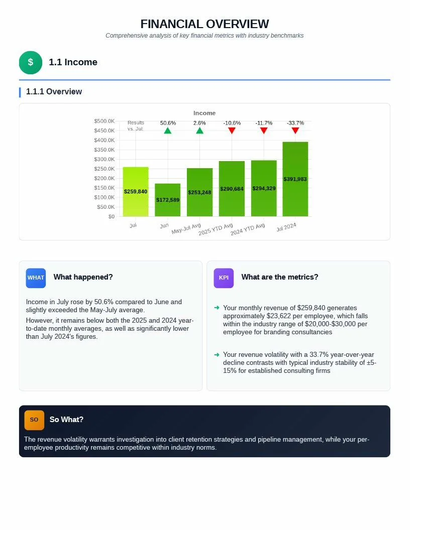 Baifokal Financial Overview — detailed income analysis with comparison graphs, KPI indicators, and industry benchmarks