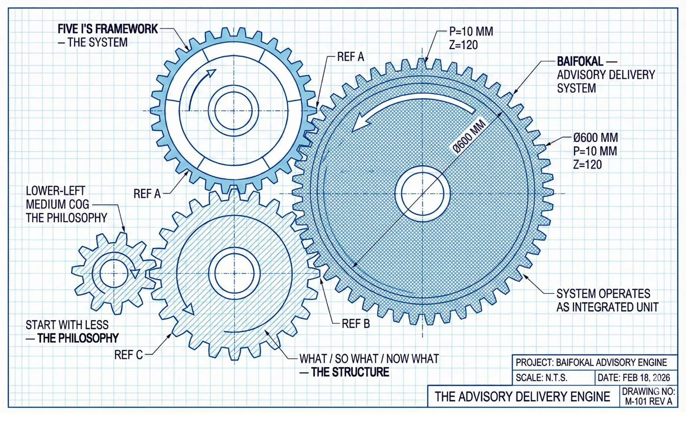 Baifokal Advisory Delivery Engine — four interconnected frameworks: Five I's, What/So What/Now What, Start With Less, and the Baifokal system working as integrated cogs