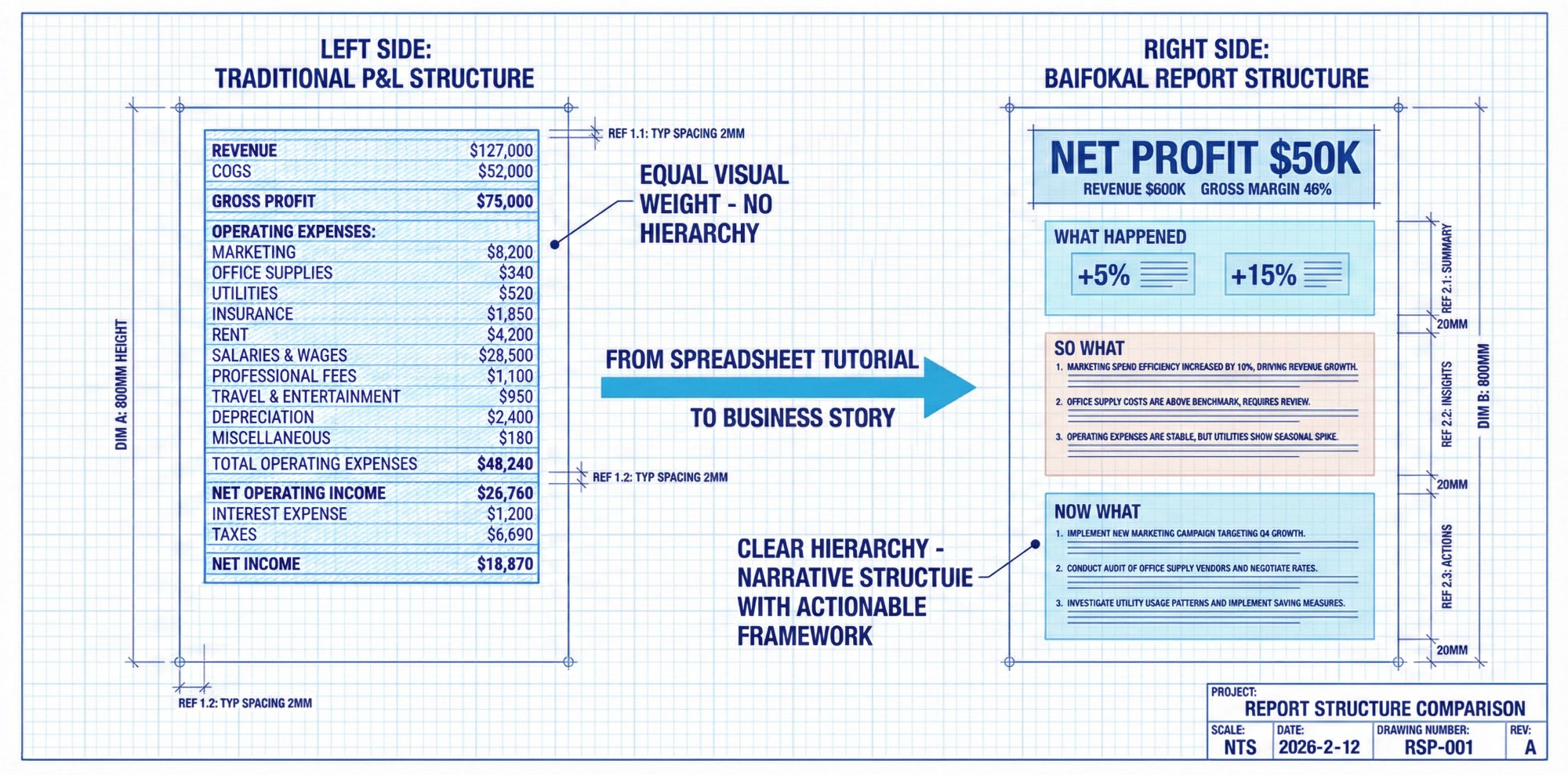 Traditional P&L walkthrough vs. Baifokal structured report