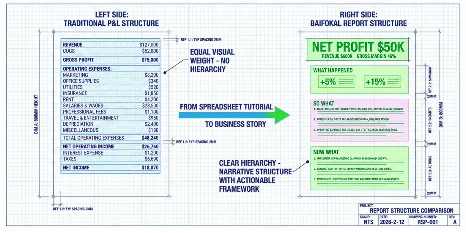 Before and after — traditional P&L line-item walkthrough transformed into Baifokal structured advisory report
