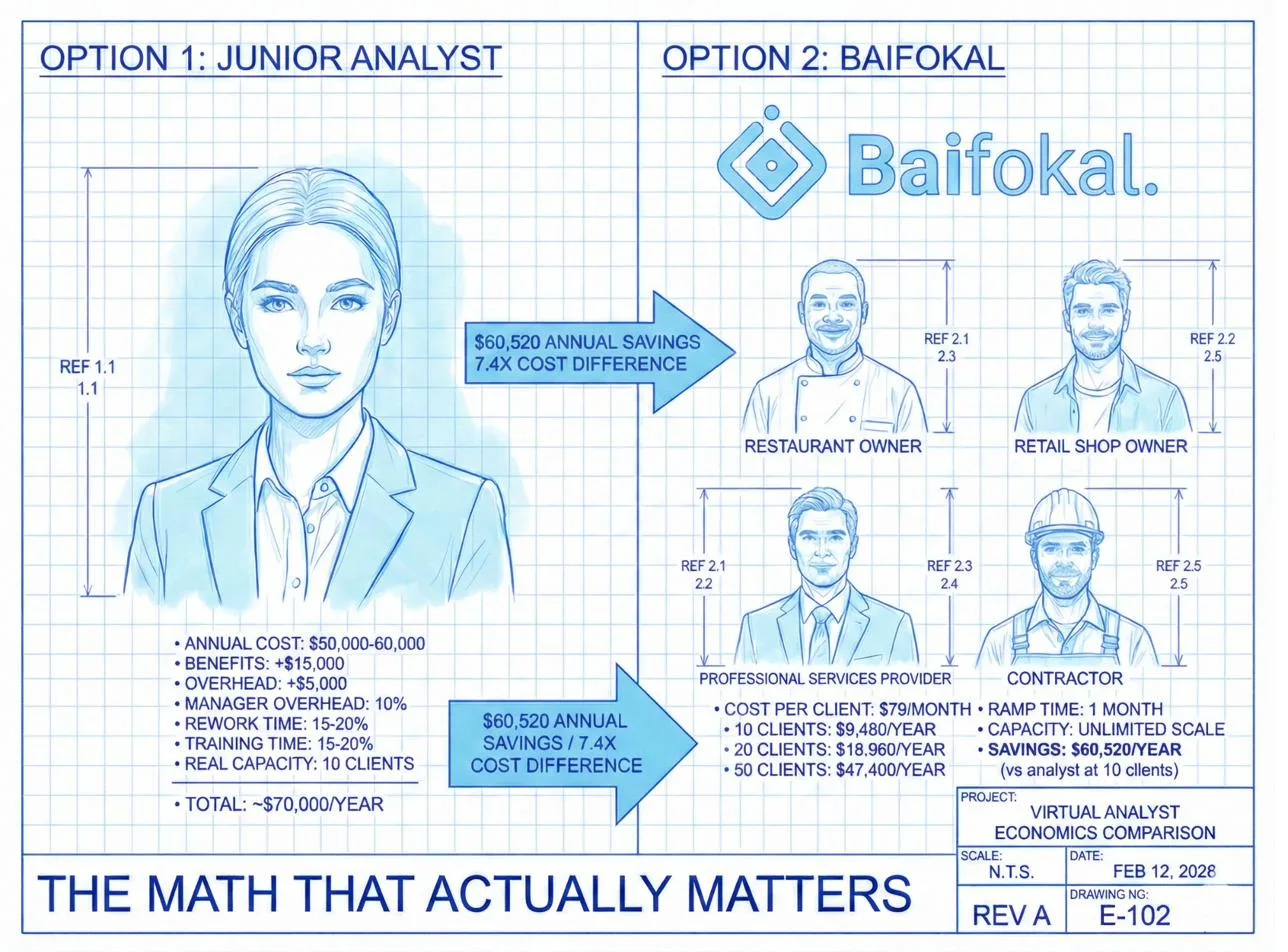Baifokal ROI comparison — hiring a junior analyst at $70,000/year versus Baifokal at $79/client/month showing $60,520 annual savings