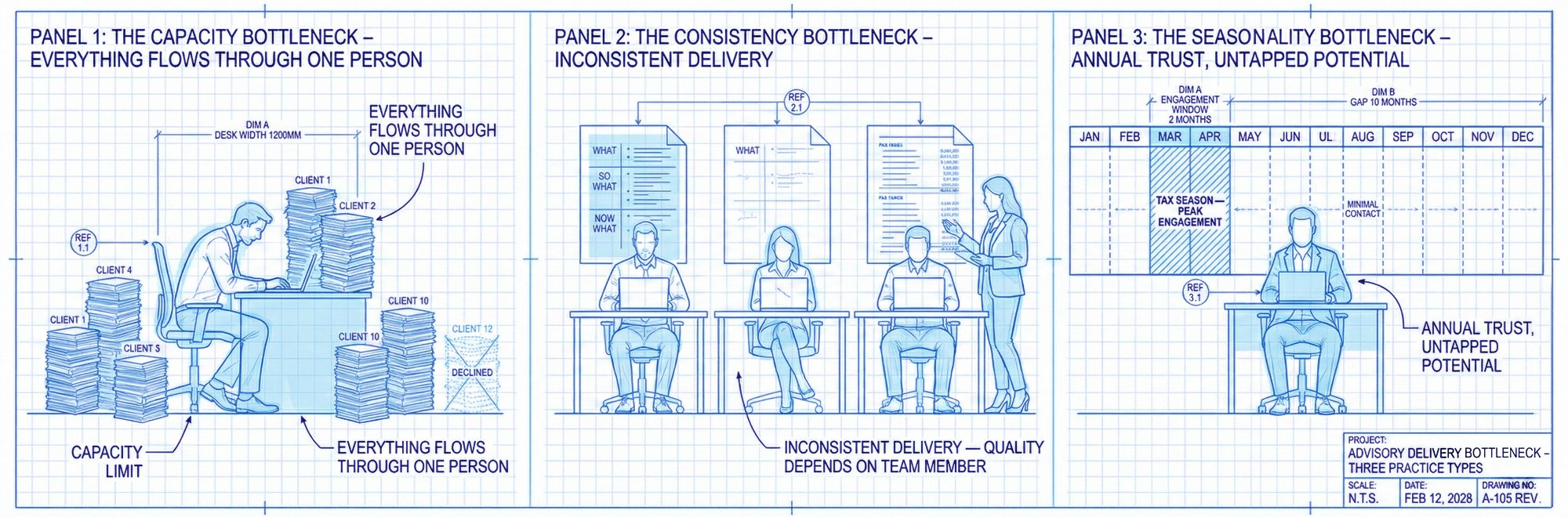 Three practice types facing the same advisory delivery challenge
